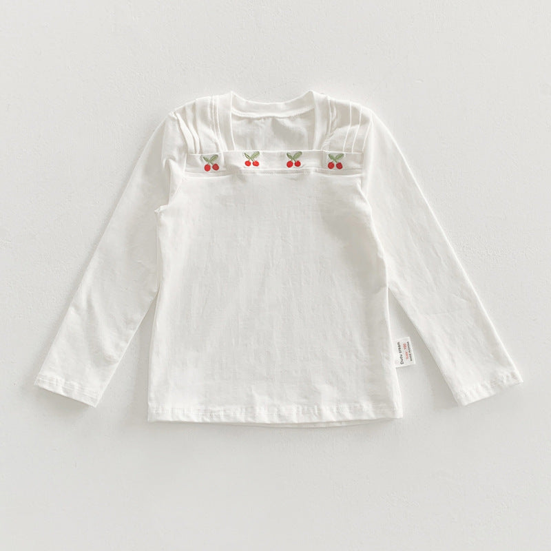Autumn New Design Kids Girls Square Neck Long Sleeves Cherry Embroidery Pattern Top Shirt