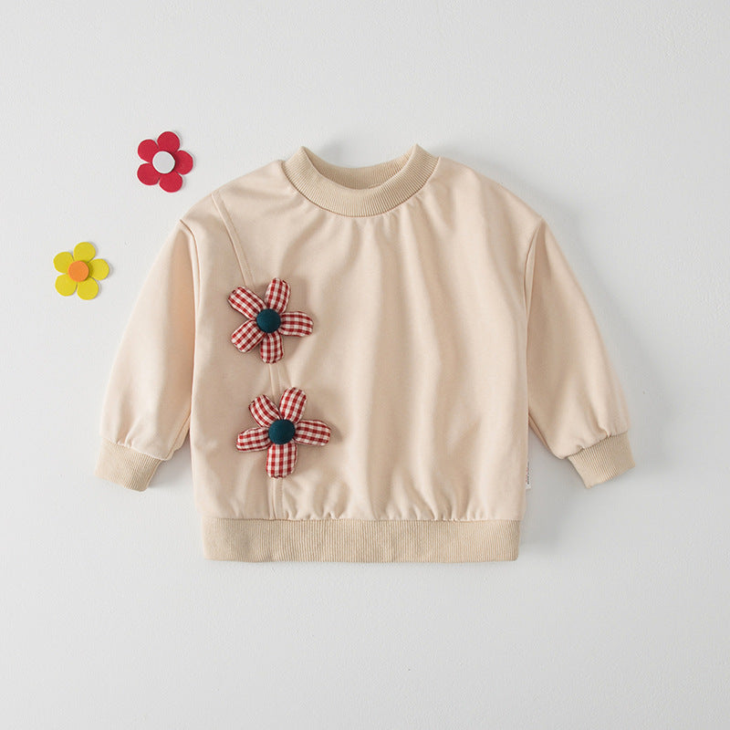 Autumn New Design Kids Girls Crew Neck Long Sleeves 3D Flowers Pattern Attached Top Pullover Shirt