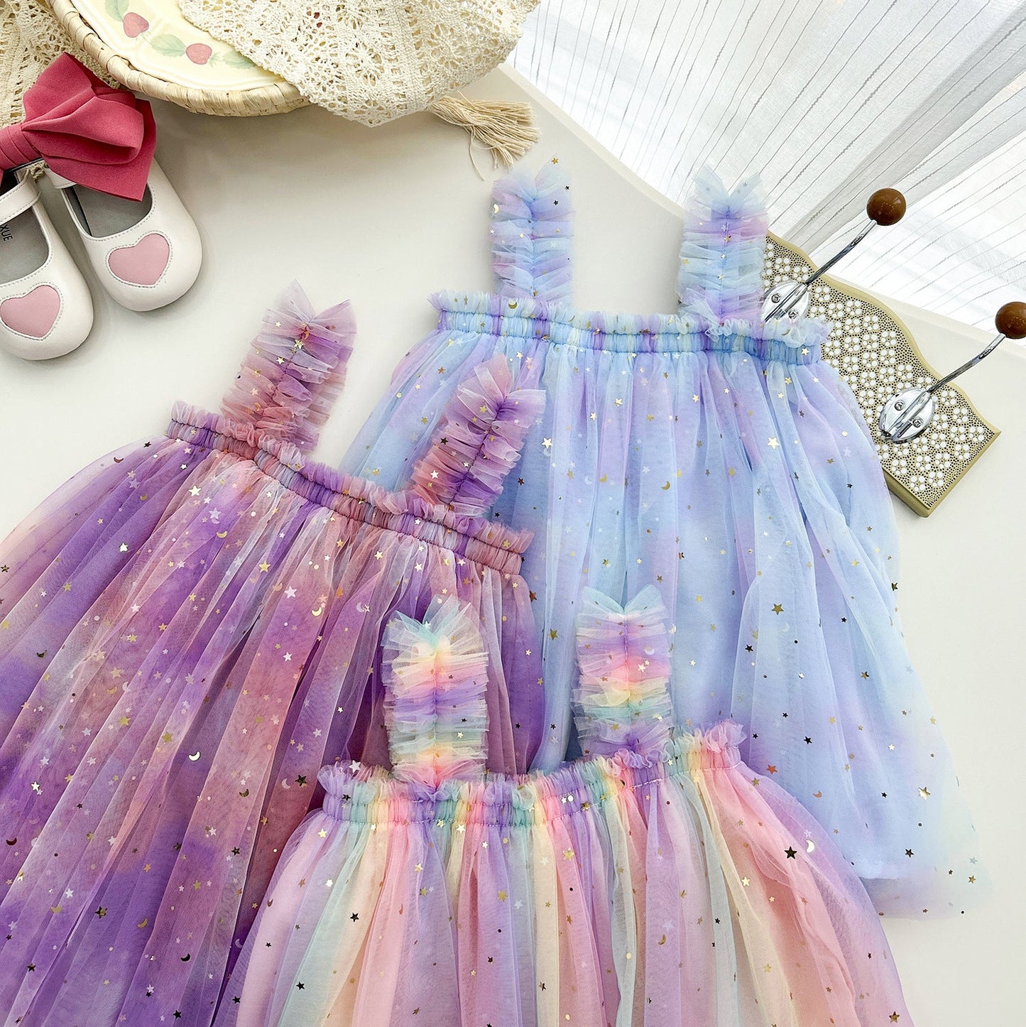 New Design Summer Kids Girls Elegant Fairy Style Sequin Mesh Sleeveless Dress