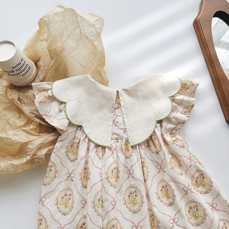 New Design Summer Kids Girls Vintage Floral Print And Embroidery Fly Sleeves Dress