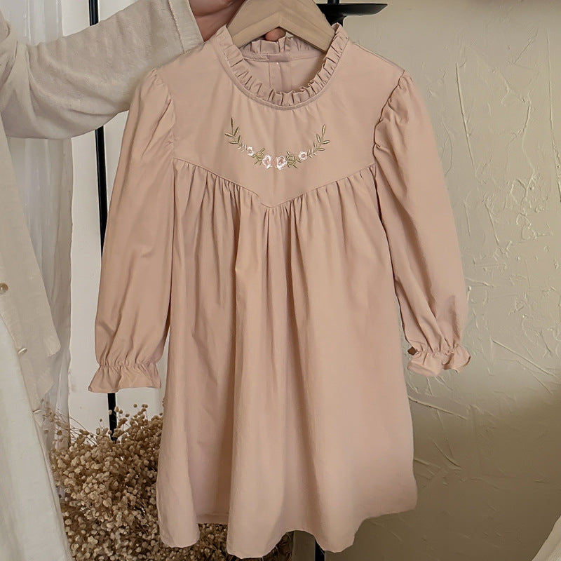 Arrival Autumn Girls Simple Ruffle Neck Long Sleeves Flowers Embroidery Pattern Dress