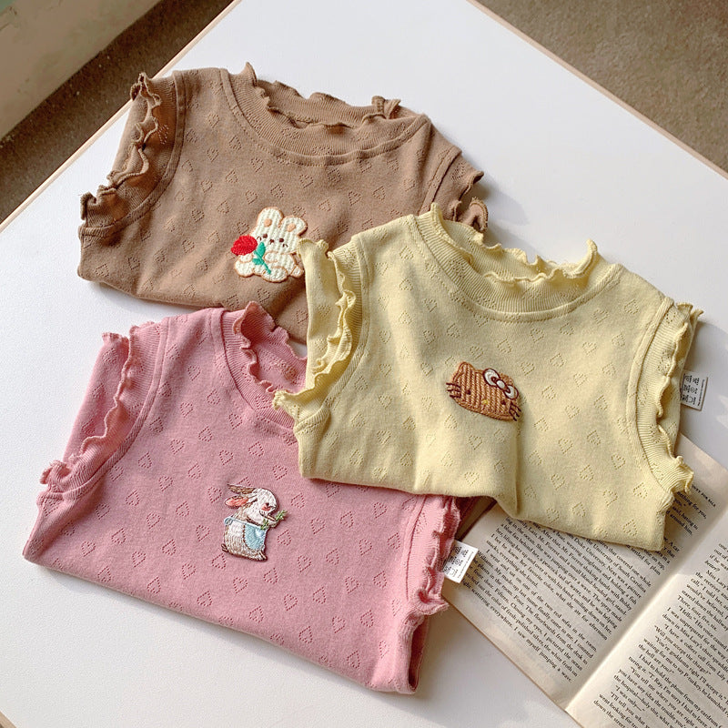 New Design Girls Ruffle Neck Sleeveless Cartoon Animals Pattern Hollow Out Top Vest