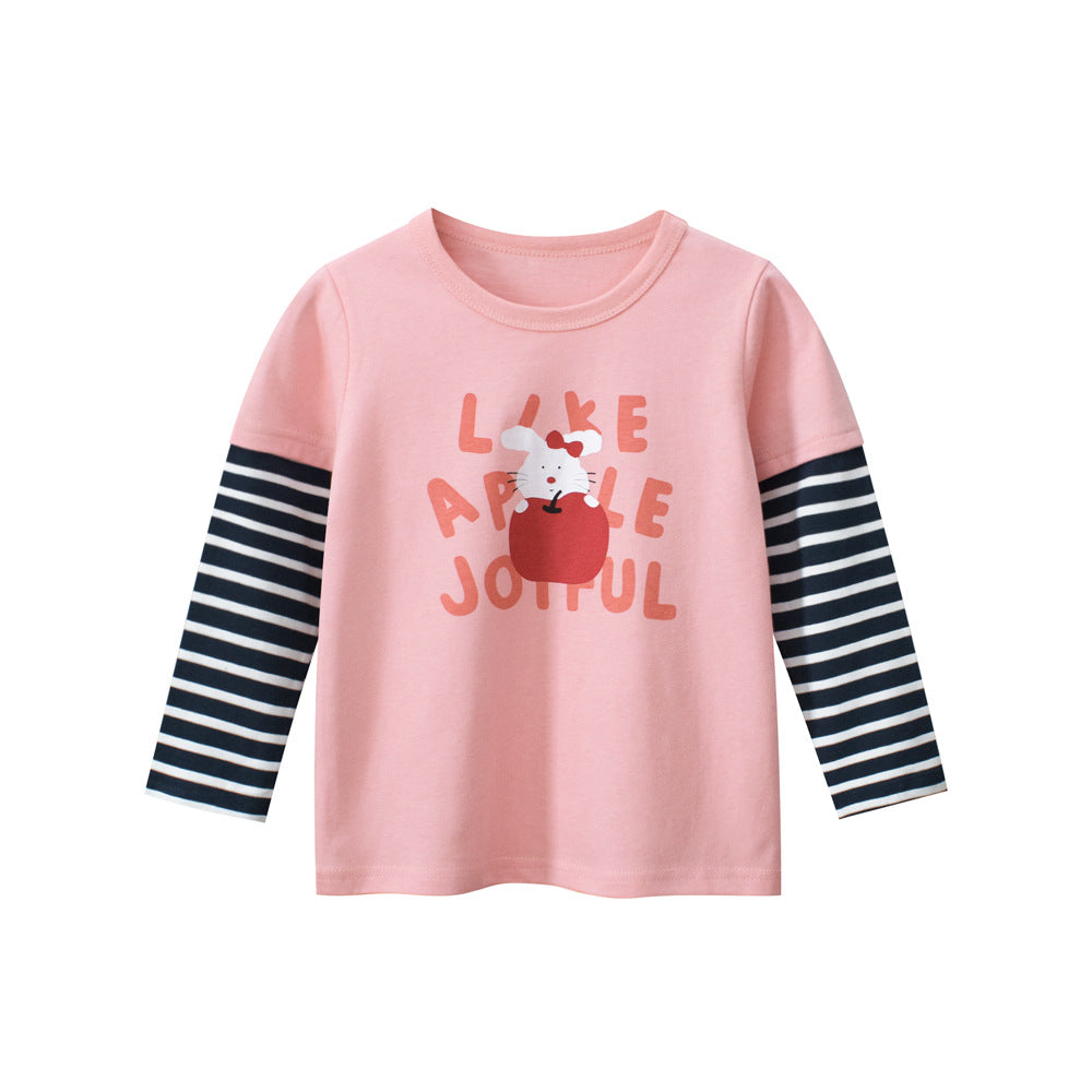 Autumn New Arrival Kids Girls Animals Cartoon and Letters Print Crew Neck Striped Long Sleeves Sweatshirt