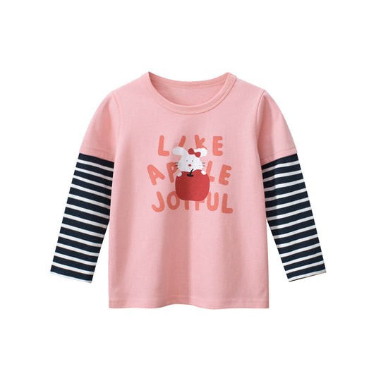 Autumn New Arrival Kids Girls Animals Cartoon and Letters Print Crew Neck Striped Long Sleeves Sweatshirt