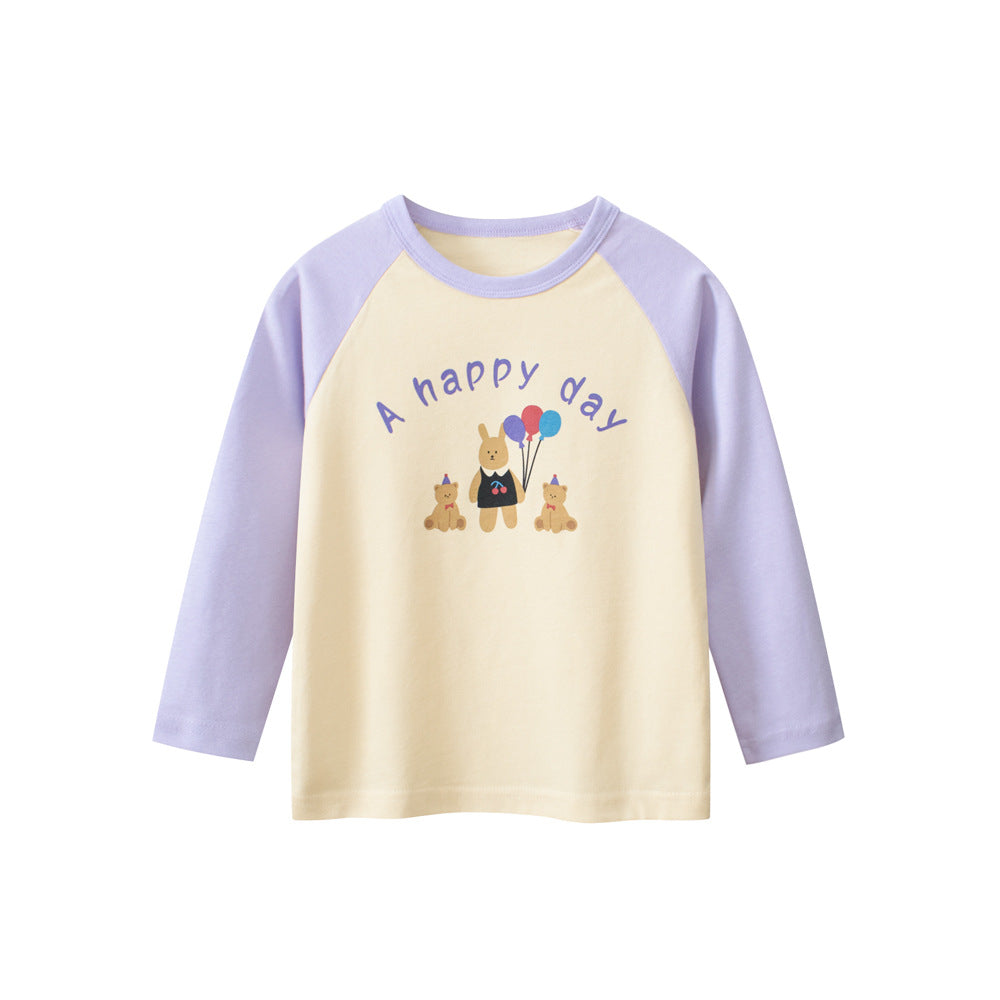 Autumn New Arrival Kids Girls Animals Cartoon and Letters Print Crew Neck Long Sleeves Shirt