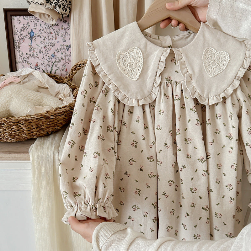 Arrival Autumn Girls Heart Embroidery Pattern Collar Long Sleeves Floral Dress