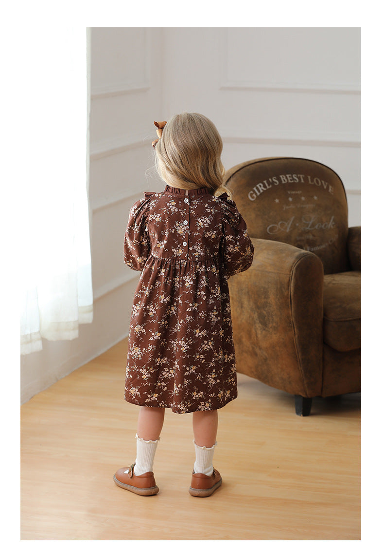 New Design Autumn Girls Vintage Floral Long Puff Sleeves Ruffle Neck Dress