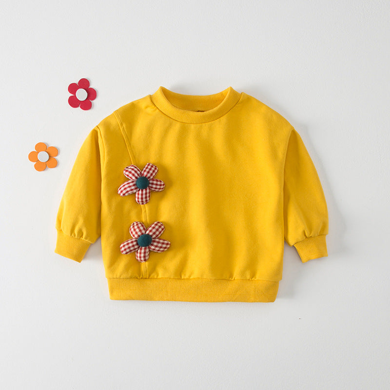 Autumn New Design Kids Girls Crew Neck Long Sleeves 3D Flowers Pattern Attached Top Pullover Shirt