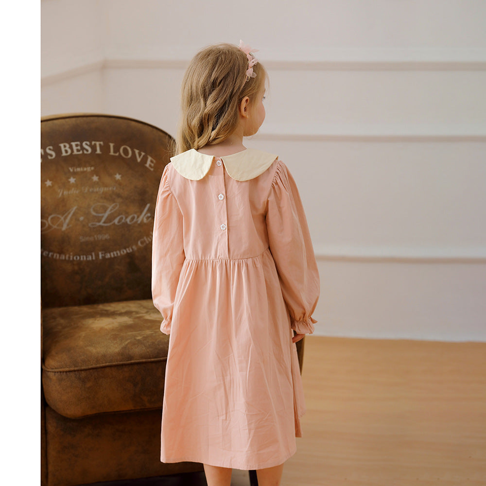 New Arrival Autumn Girls Pink Long Sleeves Dress with Teddy Embroidery Pattern
