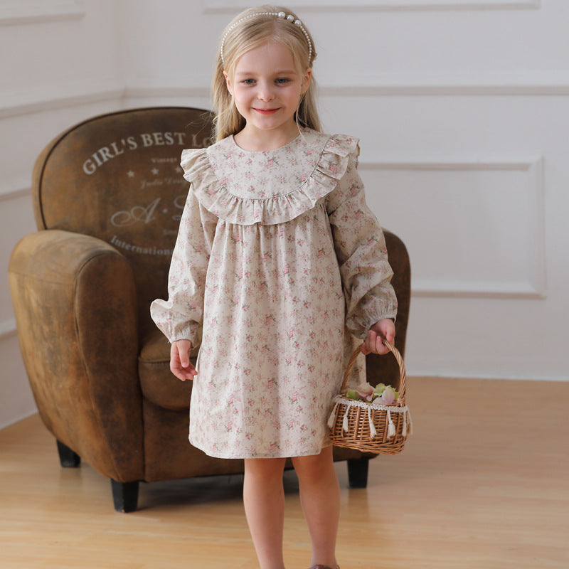 Arrival Autumn Girls Cute Flowers Print Crew Neck Long Sleeves Stylish Dress
