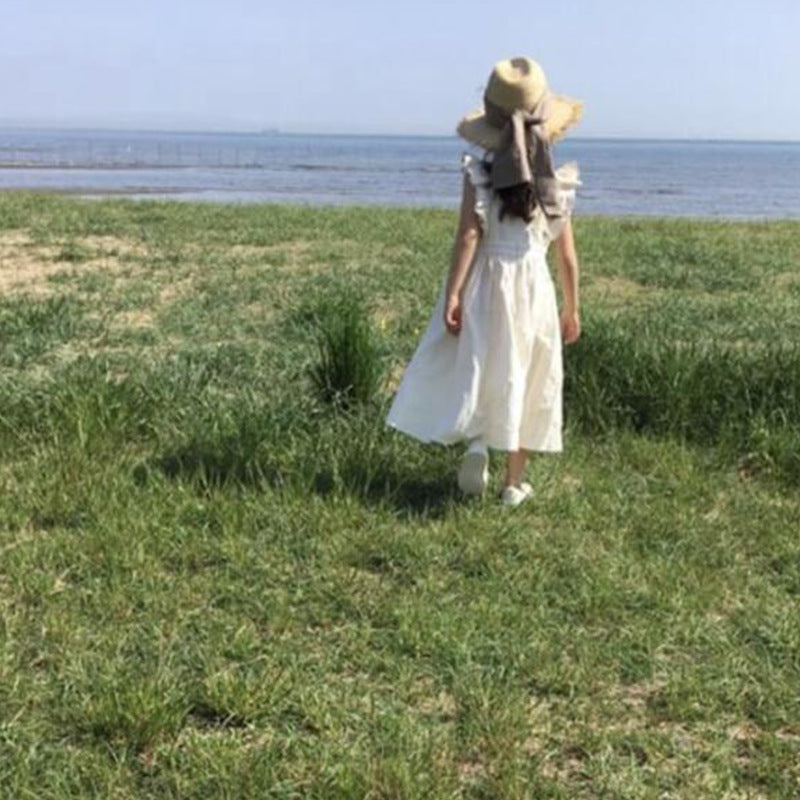 Hot Selling Summer Kids Girls Simple Style Solid Color Pocketed Fly Sleeves Dress