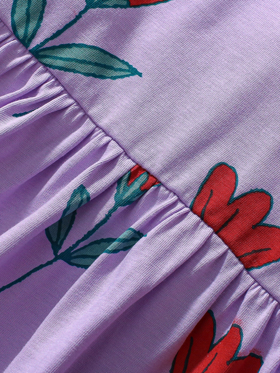 Autumn New Arrival Girls’ Flowers Pattern Crew Neck Long Sleeves Purple Dress