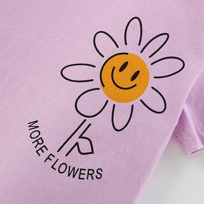 Summer Baby Kids Casual Flower Cartoon Pattern T-shirt and Shorts Clothing Set