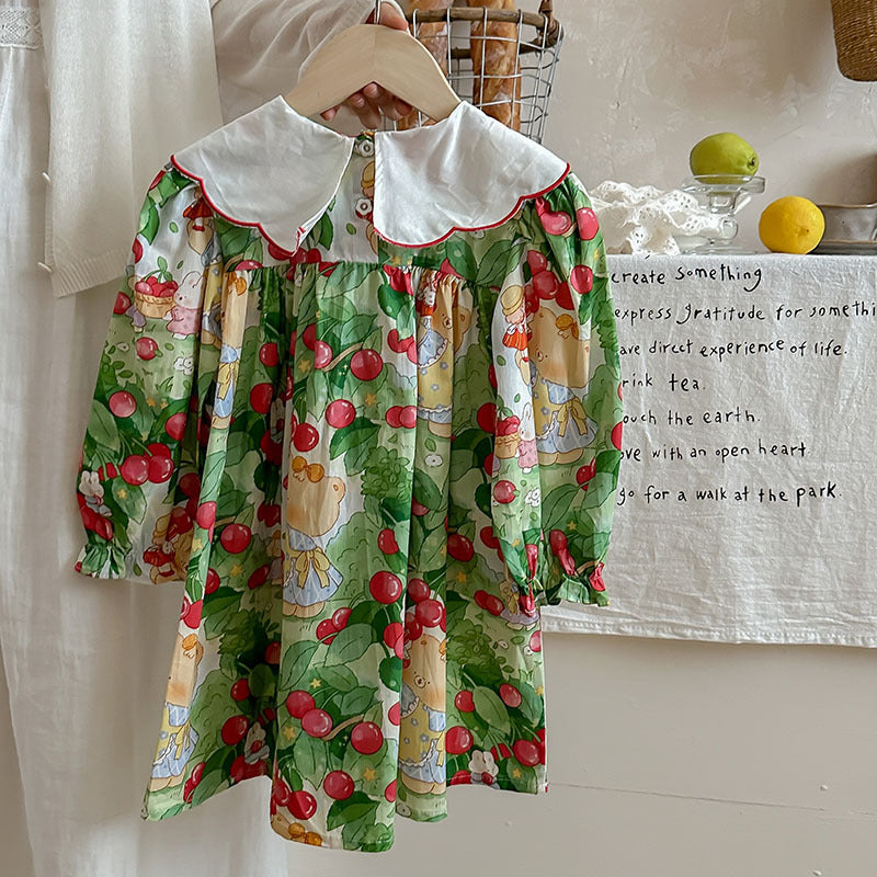 New Arrival Autumn Girls Vivid Cherry and Teddy Pattern Long Sleeves Dress with Embroidery Collar