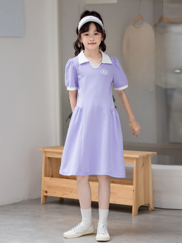 Hot Selling Summer Kids Girls Sports Style Purple Short Sleeves Turn-Down Collar Dress