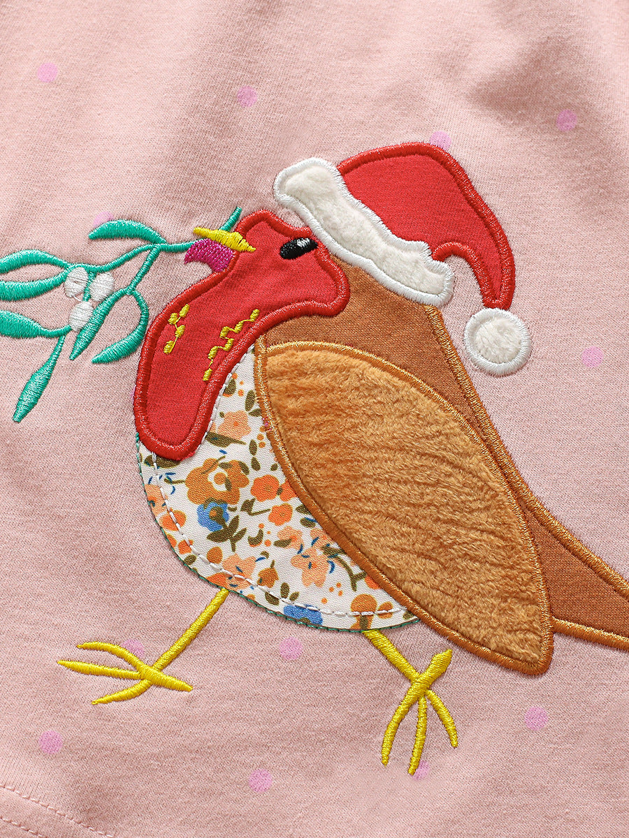 High Quality Autumn Girls Long Sleeves Sparrow Bird Pattern Crew Neck Long Sleeves Dress