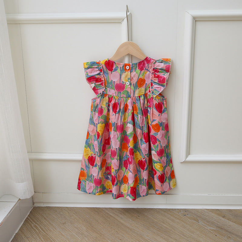 Summer New Arrival Kids Girls Fly Sleeves Tulip Flowers Pattern Dress