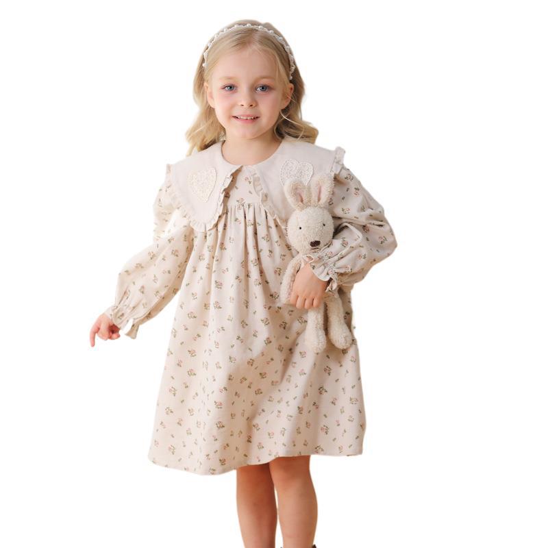 Arrival Autumn Girls Heart Embroidery Pattern Collar Long Sleeves Floral Dress