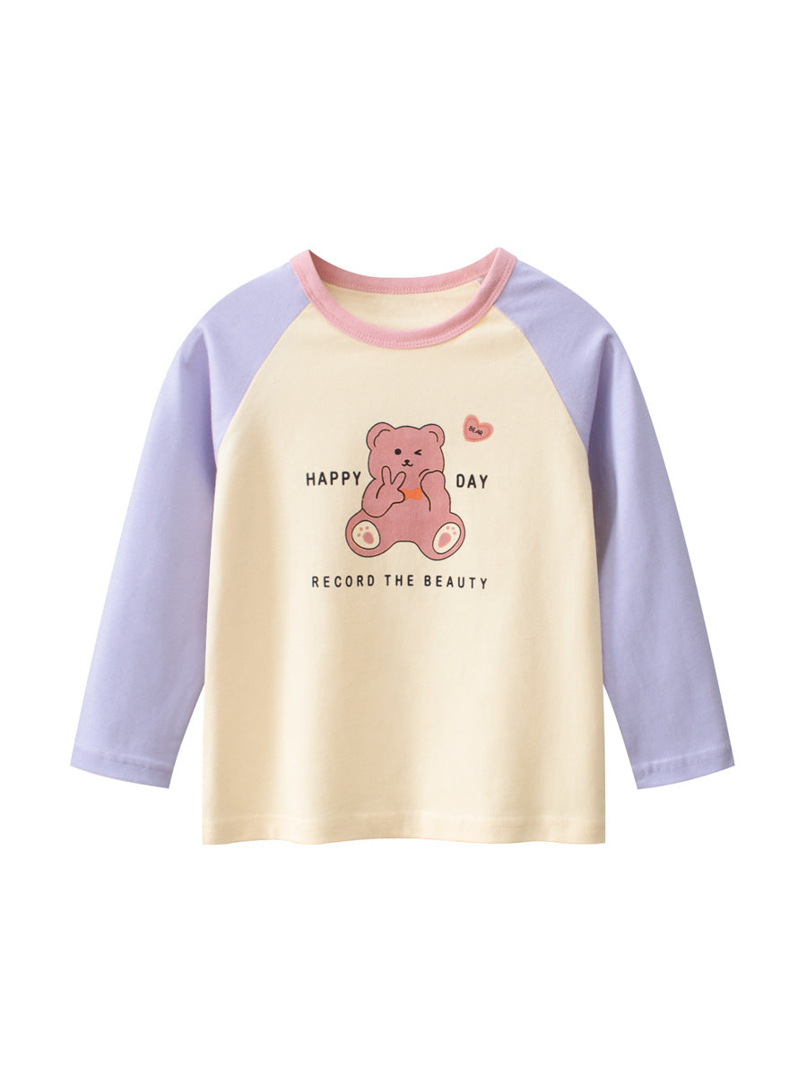 Autumn New Arrival Kids Girls Animals Cartoon and Letters Print Crew Neck Long Sleeves Shirt