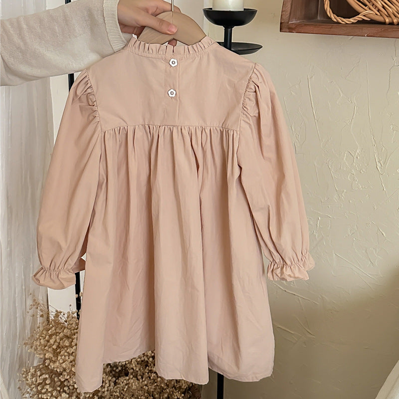 Arrival Autumn Girls Simple Ruffle Neck Long Sleeves Flowers Embroidery Pattern Dress