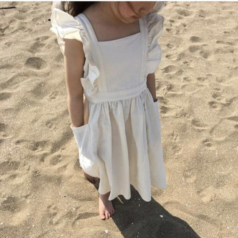 Hot Selling Summer Kids Girls Simple Style Solid Color Pocketed Fly Sleeves Dress