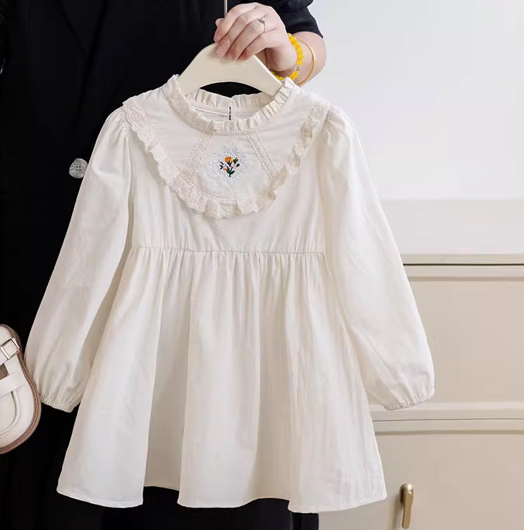 Autumn Kids Girls Simple Long Sleeves Ruffle Neck Floral Embroidery Dress