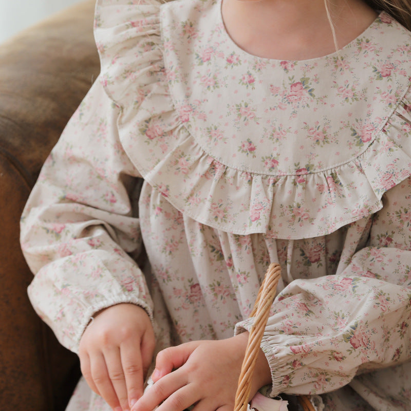 Arrival Autumn Girls Cute Flowers Print Crew Neck Long Sleeves Stylish Dress