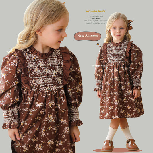 New Design Autumn Girls Vintage Floral Long Puff Sleeves Ruffle Neck Dress