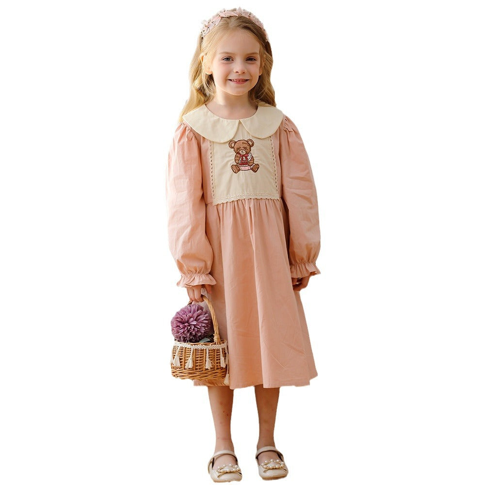 New Arrival Autumn Girls Pink Long Sleeves Dress with Teddy Embroidery Pattern