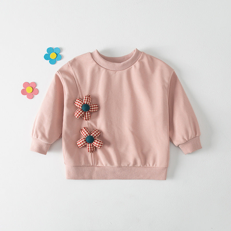 Autumn New Design Kids Girls Crew Neck Long Sleeves 3D Flowers Pattern Attached Top Pullover Shirt