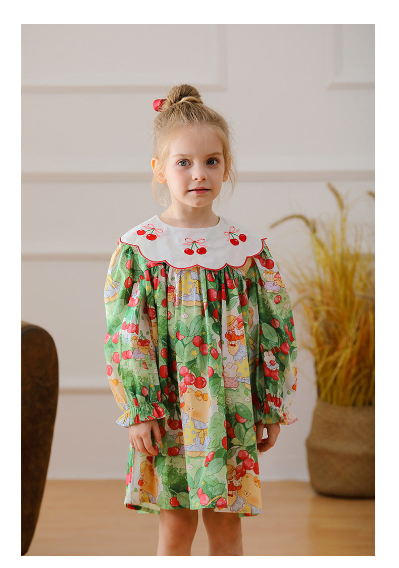 New Arrival Autumn Girls Vivid Cherry and Teddy Pattern Long Sleeves Dress with Embroidery Collar