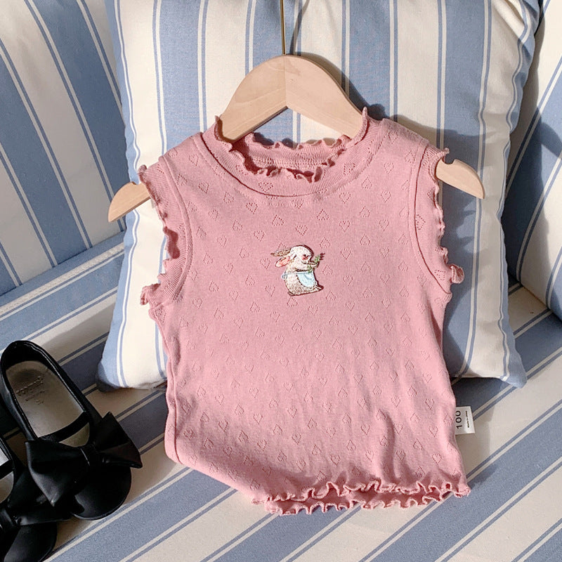 New Design Girls Ruffle Neck Sleeveless Cartoon Animals Pattern Hollow Out Top Vest