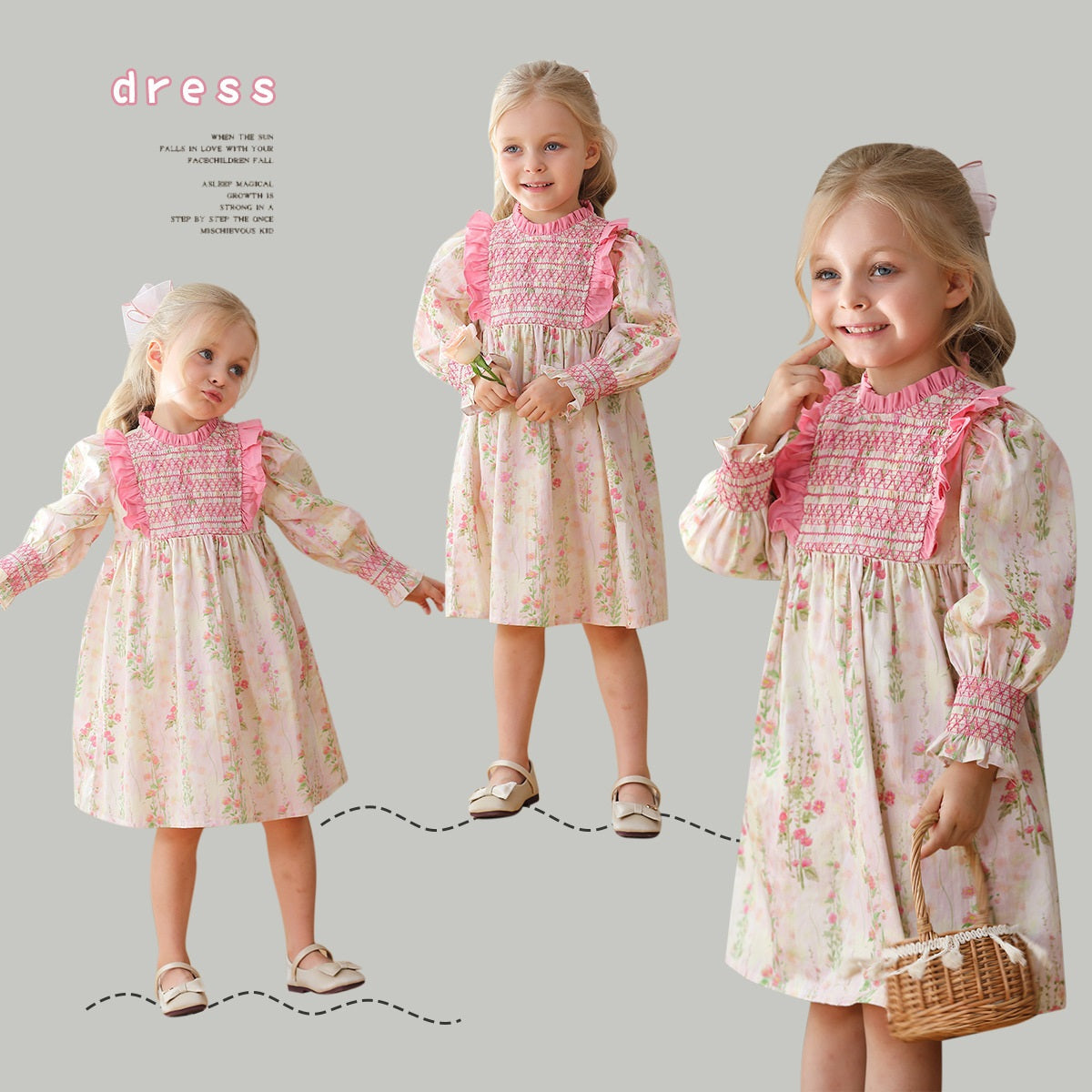 Design Autumn Girls Fashion Floral Long Puff Sleeves Ruffle Neck Dress