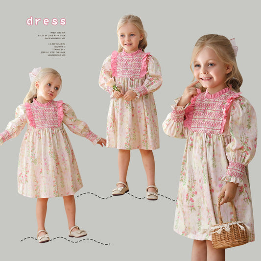 Design Autumn Girls Fashion Floral Long Puff Sleeves Ruffle Neck Dress