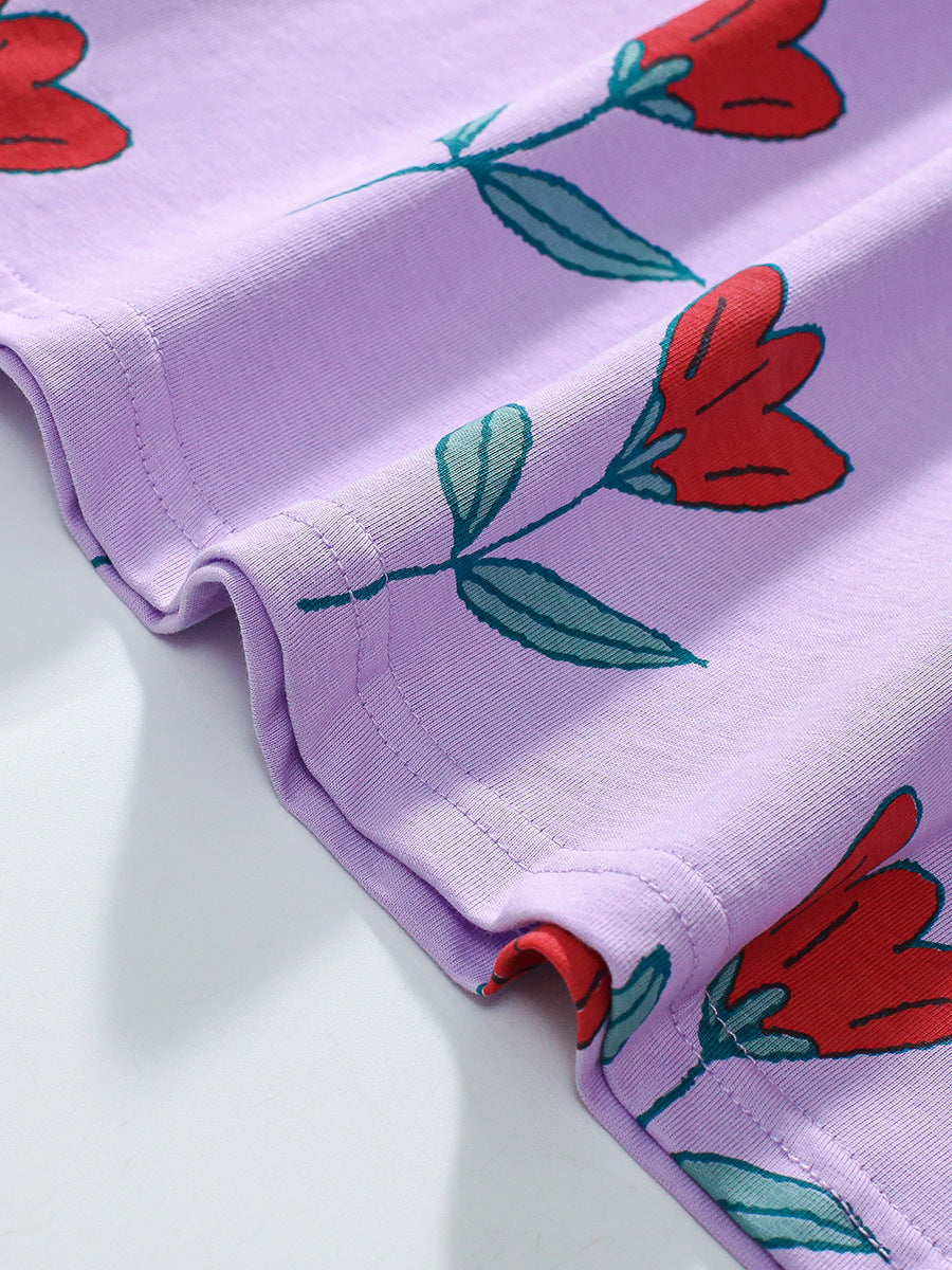 Autumn New Arrival Girls’ Flowers Pattern Crew Neck Long Sleeves Purple Dress