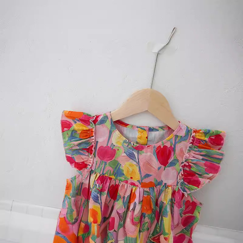 Summer New Arrival Kids Girls Fly Sleeves Tulip Flowers Pattern Dress
