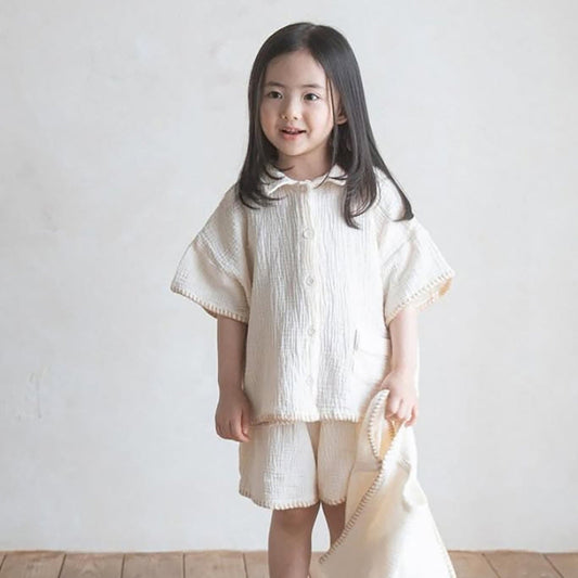 Summer Hot Selling Baby Kids Unisex Short Sleeves Single Breasted Shirt and Shorts Clothing Set