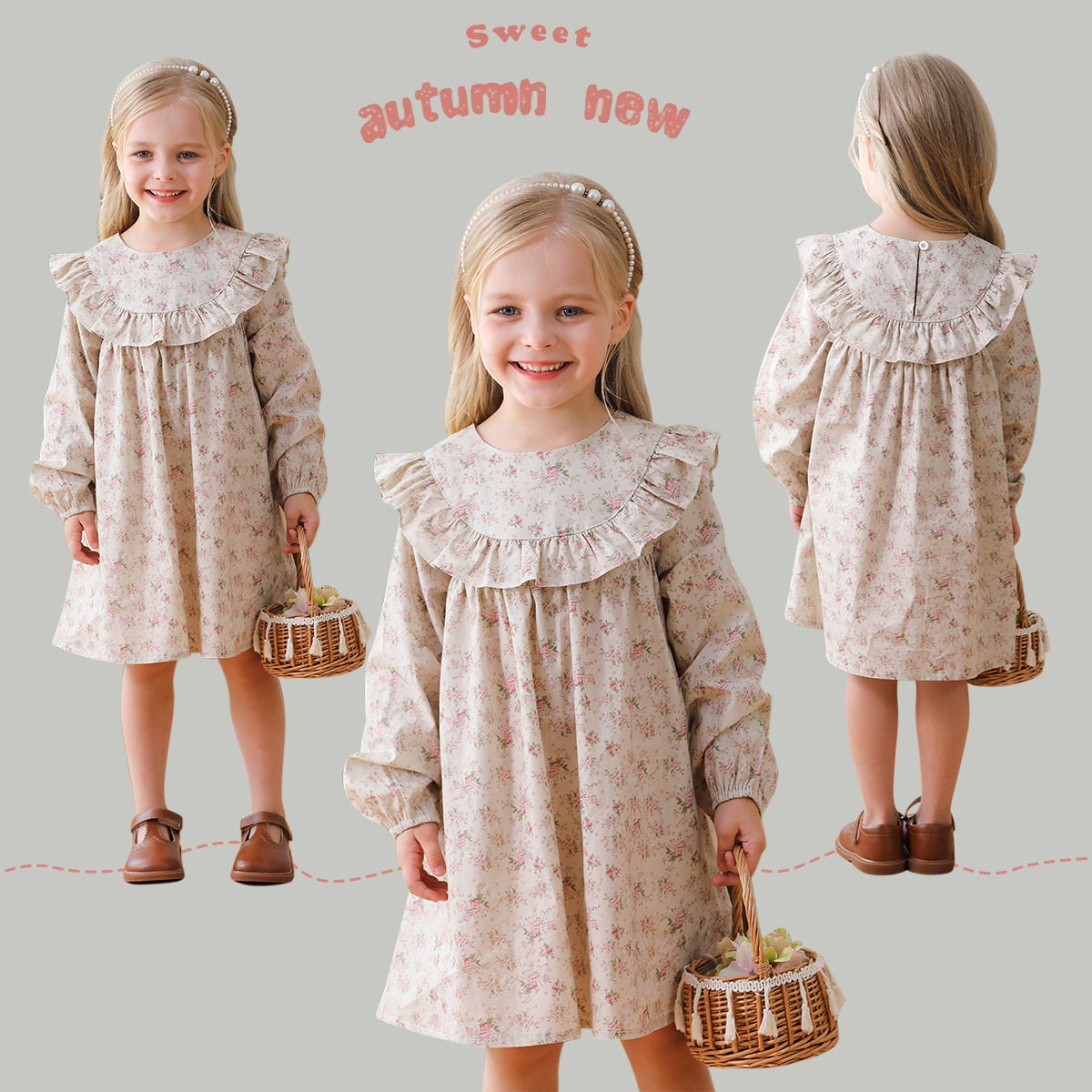 Arrival Autumn Girls Cute Flowers Print Crew Neck Long Sleeves Stylish Dress