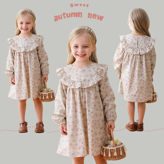 Arrival Autumn Girls Cute Flowers Print Crew Neck Long Sleeves Stylish Dress
