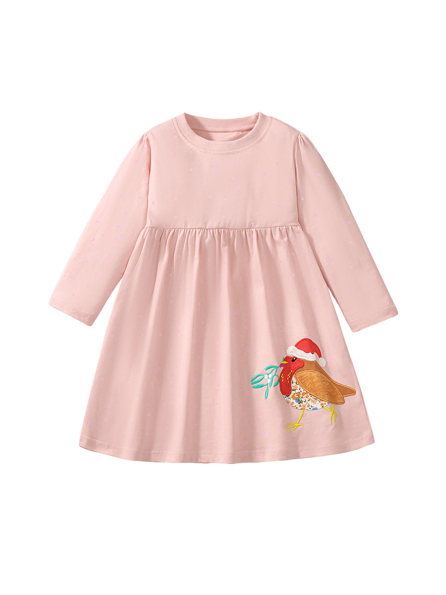 High Quality Autumn Girls Long Sleeves Sparrow Bird Pattern Crew Neck Long Sleeves Dress
