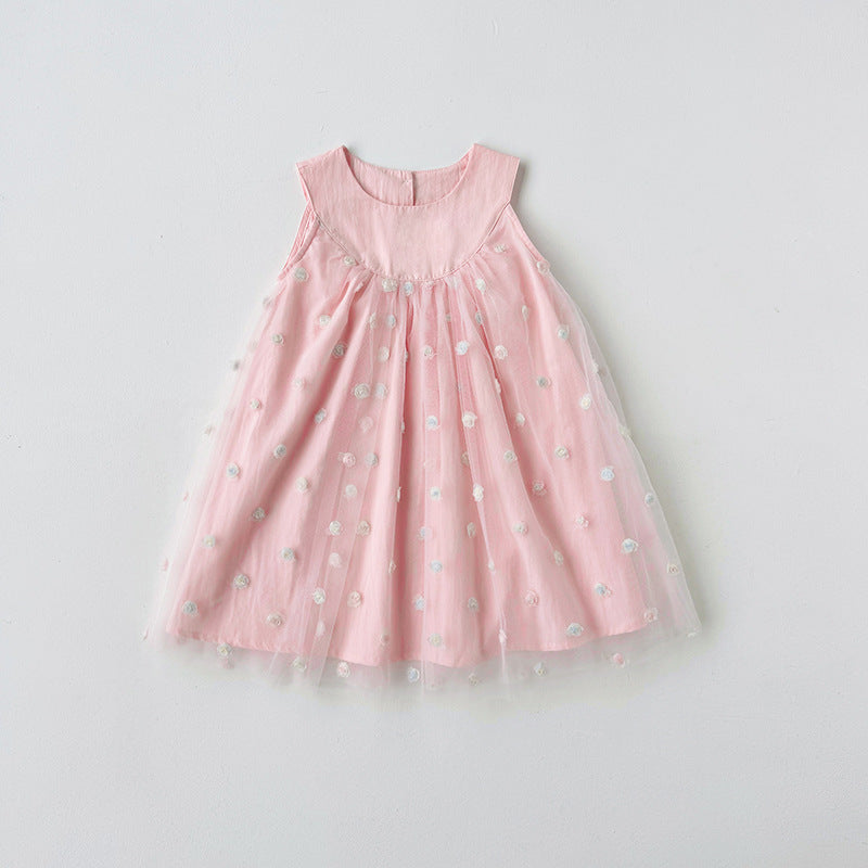 New Design Summer Kids Girls Sleeveless Rose Embroidery Mesh Dress