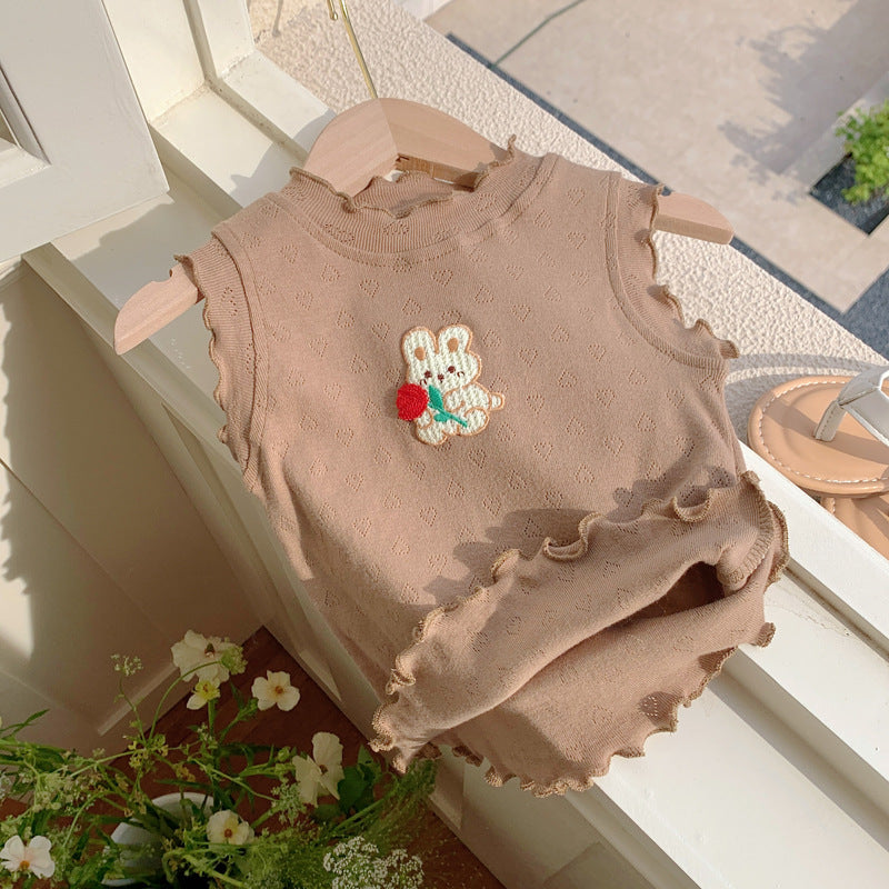 New Design Girls Ruffle Neck Sleeveless Cartoon Animals Pattern Hollow Out Top Vest