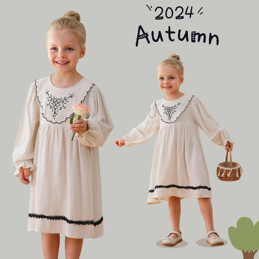 Arrival Autumn Girls Vintage Crew Neck Long Sleeves Vine Pattern Dress