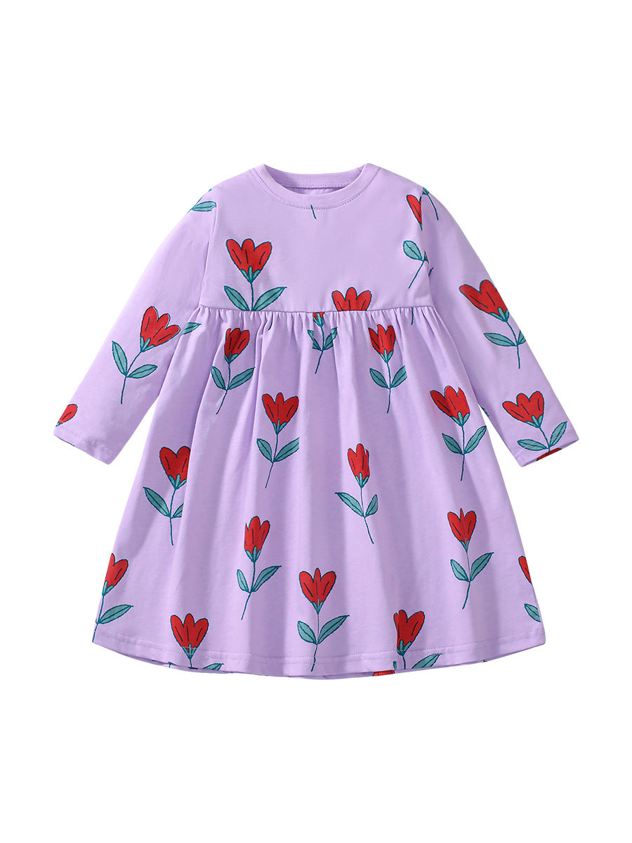 Autumn New Arrival Girls’ Flowers Pattern Crew Neck Long Sleeves Purple Dress
