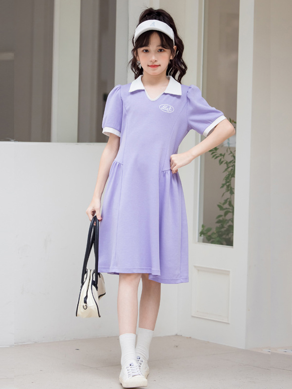 Hot Selling Summer Kids Girls Sports Style Purple Short Sleeves Turn-Down Collar Dress