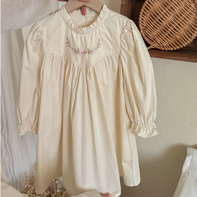 Arrival Autumn Girls Simple Ruffle Neck Long Sleeves Flowers Embroidery Pattern Dress