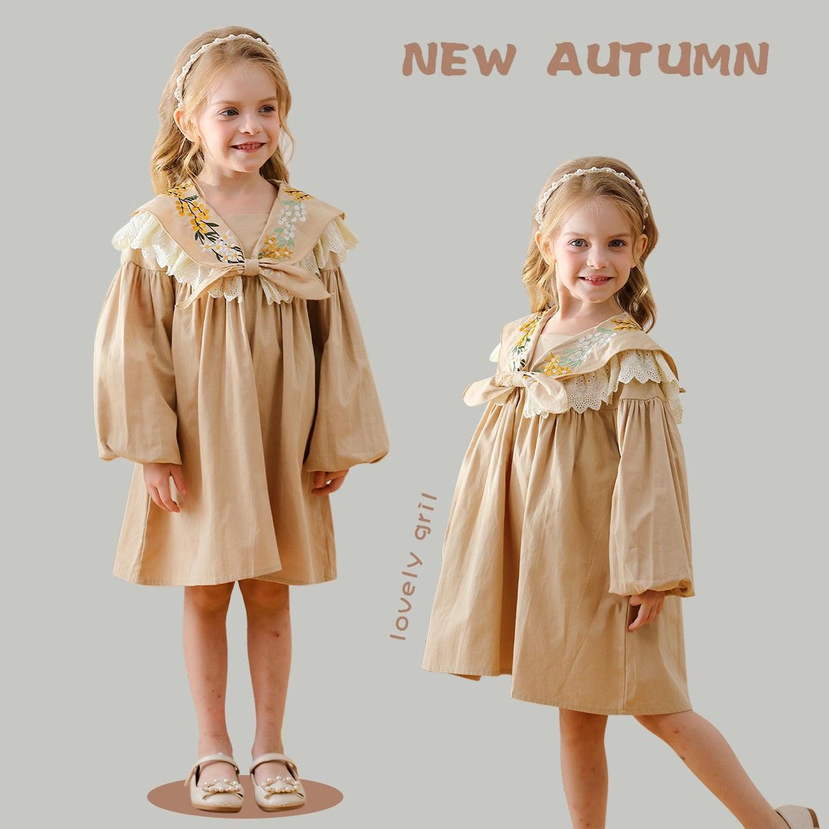 Arrival Autumn Girls Artsy Flowers Embroidery Pattern Collar Long Sleeves Stylish Dress