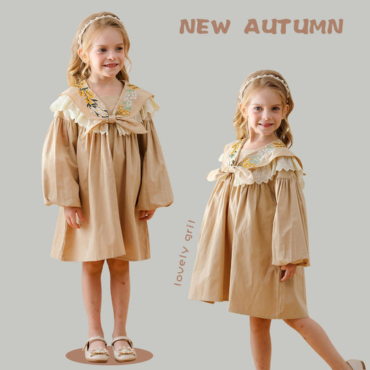 Arrival Autumn Girls Artsy Flowers Embroidery Pattern Collar Long Sleeves Stylish Dress