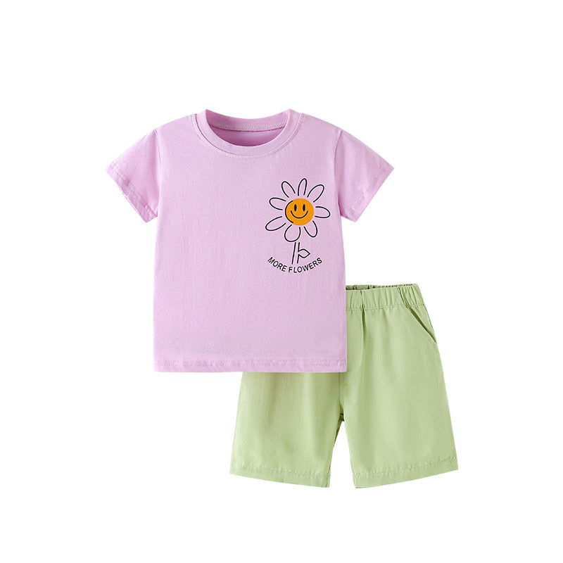 Summer Baby Kids Casual Flower Cartoon Pattern T-shirt and Shorts Clothing Set