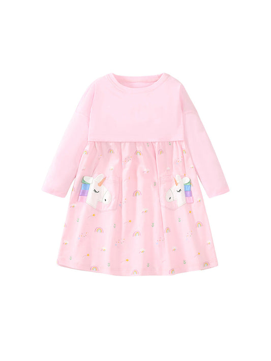 Arrival Autumn Girls Long Sleeves Rainbow And Unicorn Pattern Crew Neck Dress